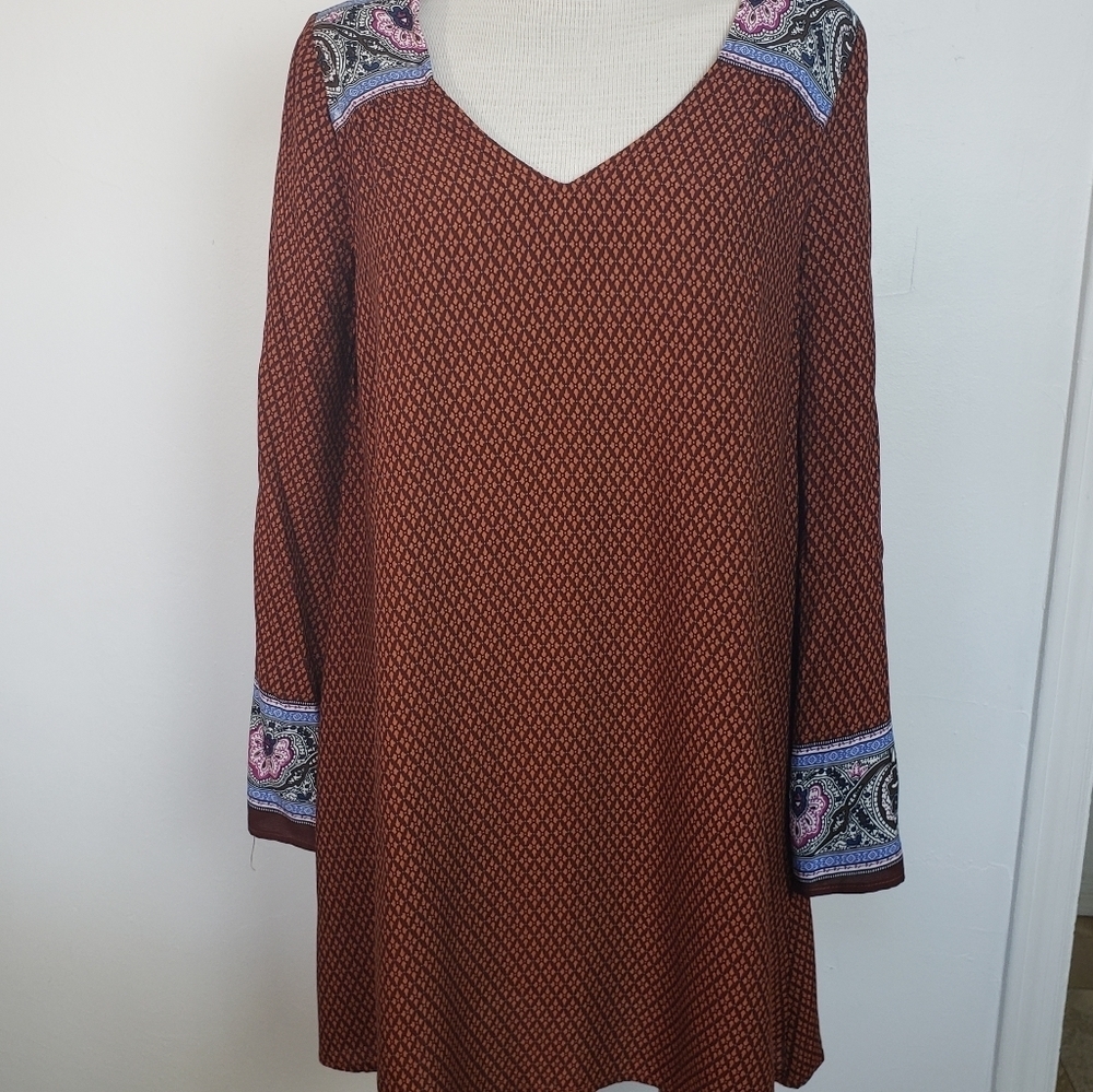 Entro Brown Paisley Print V-Neck Bell Sleeve Lined Women's Dress Size S NWT